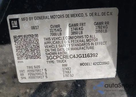 2018 Chevrolet Silverado 1500 1Lt from USA, damaged, VIN 3GCPCREC4JG116392